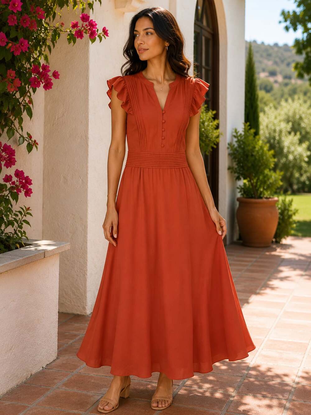 Banana Republic Orange Red Maxi Dress Women's Size 6 Ruffle Sleeves Button Front - Picture 1 of 9